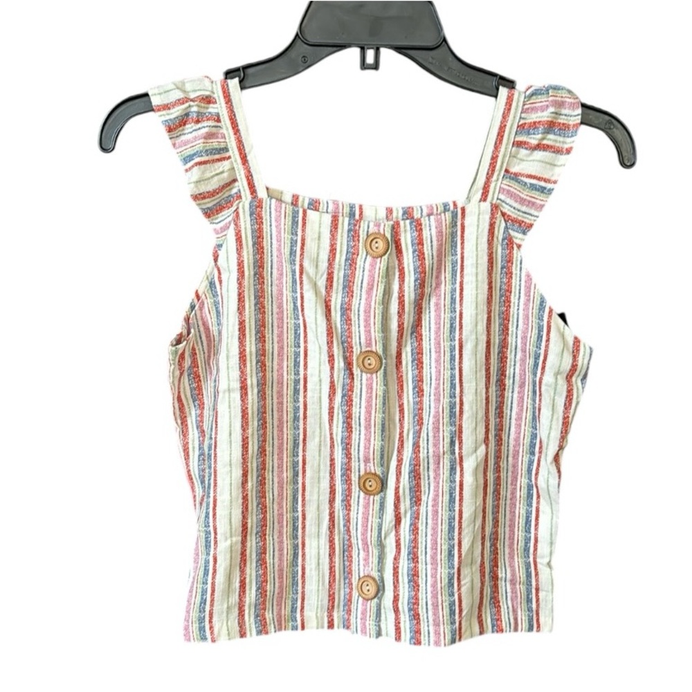 Art Class Rainbow Stripe Button Front Ruffle Sleeve Tank Top